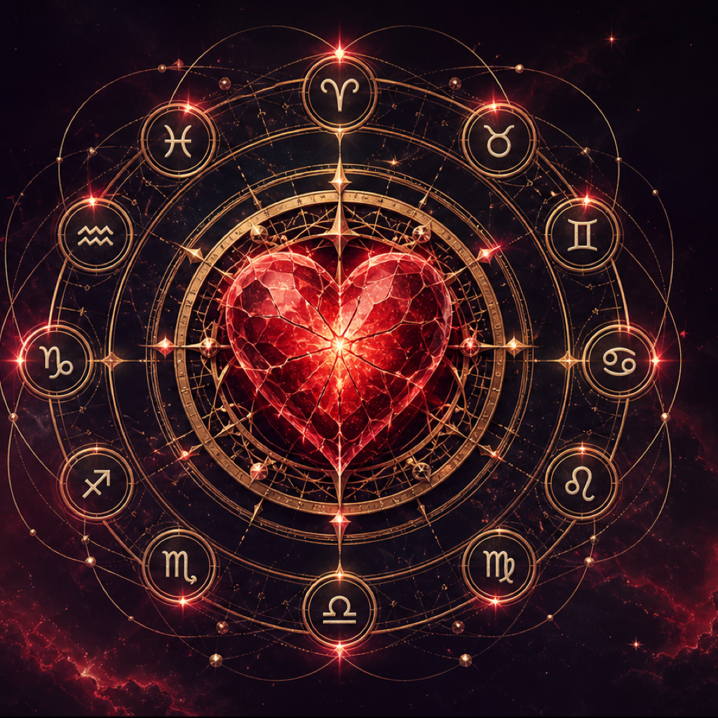 A crystalline ruby heart held at the center of a golden zodiac mechanism